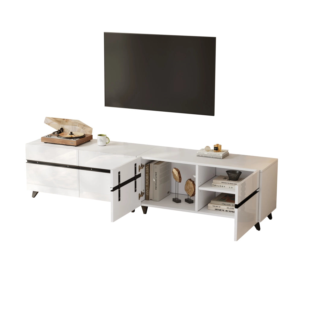 Mobile porta TV con 4 ante e ripiani regolabili finitura lucida per soggiorno in MDF bianco 180 × 40 × 49 cm
