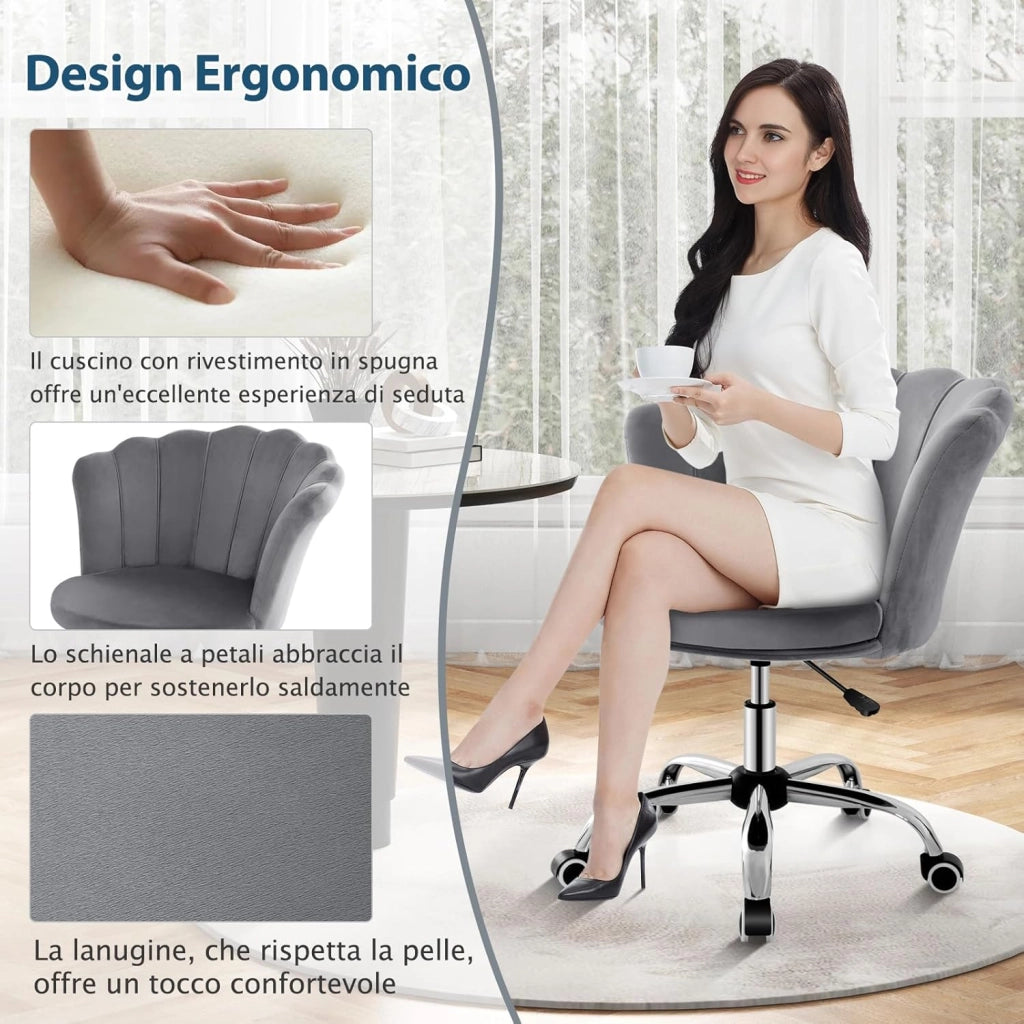 Sedia da Scrivania in Velluto, Poltrona Girevole con Altezza Regolabile, con Schienale a Forma di Petalo e Ruote, per Casa Ufficio, Carico Massimo 150 kg (Grigio)