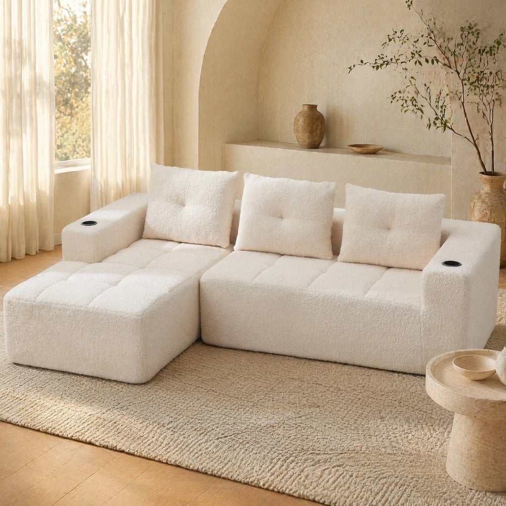 Divano ad angolo 4-5 posti con portabicchieri in poliestere beige 258 cm