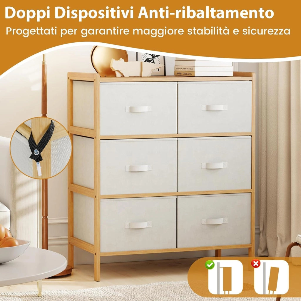 Cassettiera a 6 Cassetti in Bambù, Torre di Stoccaggio con Cassetti in Tessuto Pieghevoli e Ripiano Superiore, Organizzatore Verticale per Soggiorno Corridoio, 66x35x78,5 cm