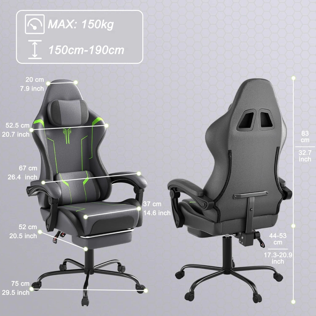 Sedia da gaming, massaggiante, colore grigio, per gaming, con poggiapiedi, poggiatesta e massaggi, ergonomica, regolabile in altezza, per sala giochi, ufficio
