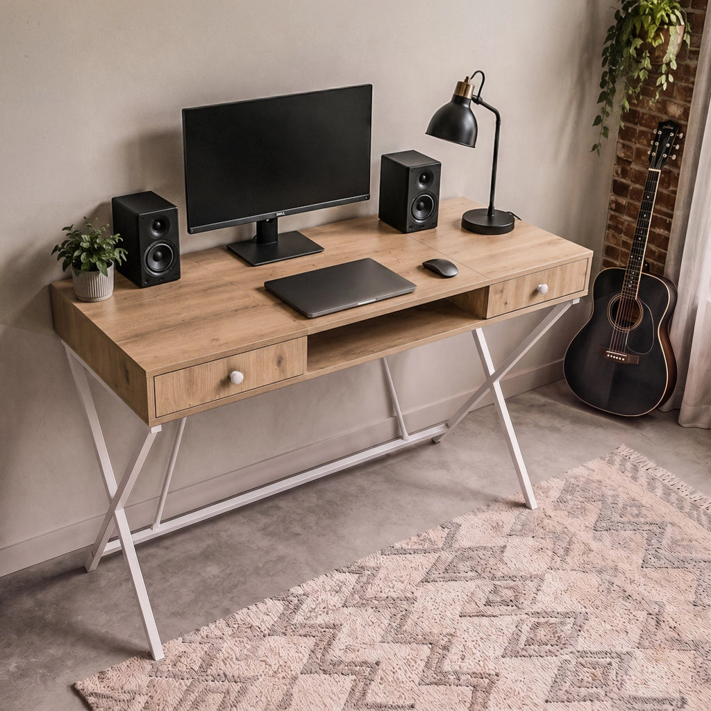 Scrivania PC industriale Rovere Artisan CROSSLINE 120 cm 2 cassetti 1 ripiano gambe bianche