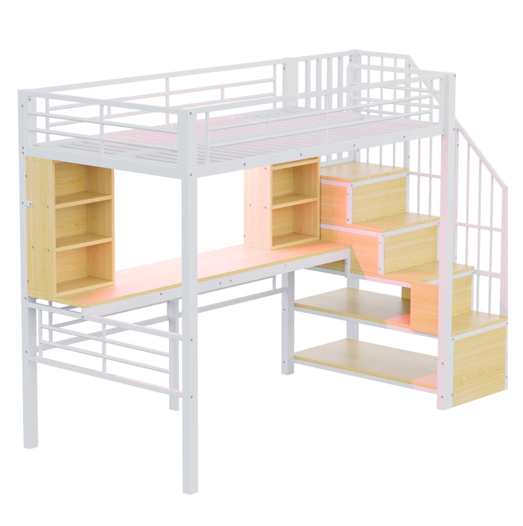 Letto a soppalco 90x200 cm con scrivania, scala contenitore e LED bianco