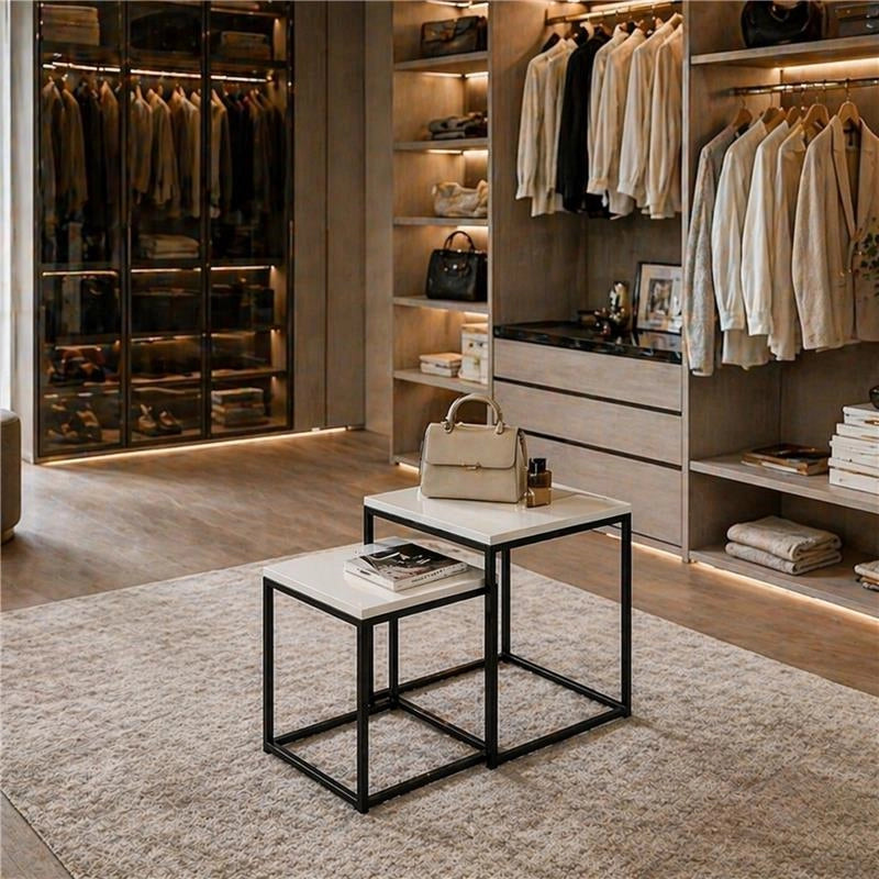 2 TAVOLINI METALLO MELANINA E MDF DIMENSIONI 35X35X45H CM E 40X40X50H CM - COLORE BIANCO LEGNO