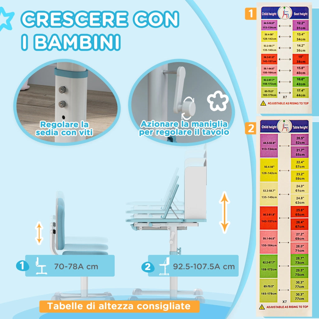 Scrivania per Bambini Regolabile con Cassetto e Scaffale ¨C zephmum ¨C Blu, 90x50x75 cm
