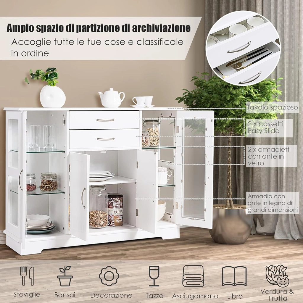 Armadio da Cucina, Armadietto Credenza con Ante in Vetro, Tavolo di Legno per Stoviglie, Armadietto con 2 Cassetti, Credenza per Cucina e Salone (Bianco)