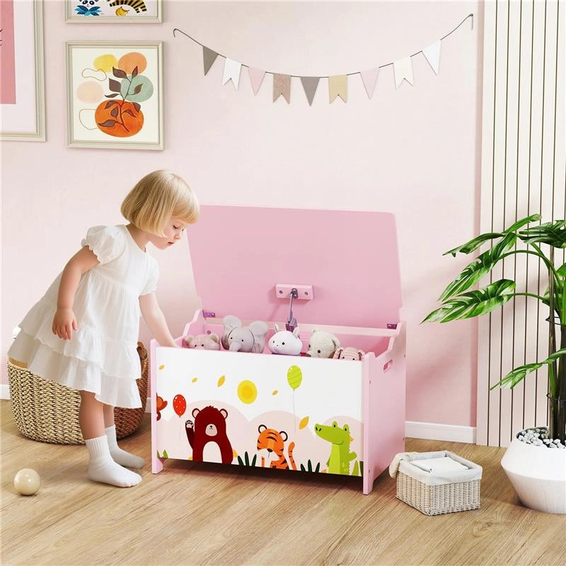 BAULE PORTAGIOCHI PER BAMBINI CON CERNIERE DI SICUREZZA IN LEGNO CON DISEGNI DI ANIMALI, 60X37X39 CM, ROSA