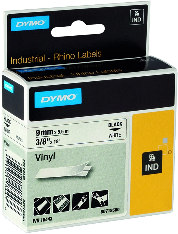 DYMO Rhino etichette industriali in vinile autoadesive / rotolo da 9 mm x 5,5 m / stampa nera su bianco