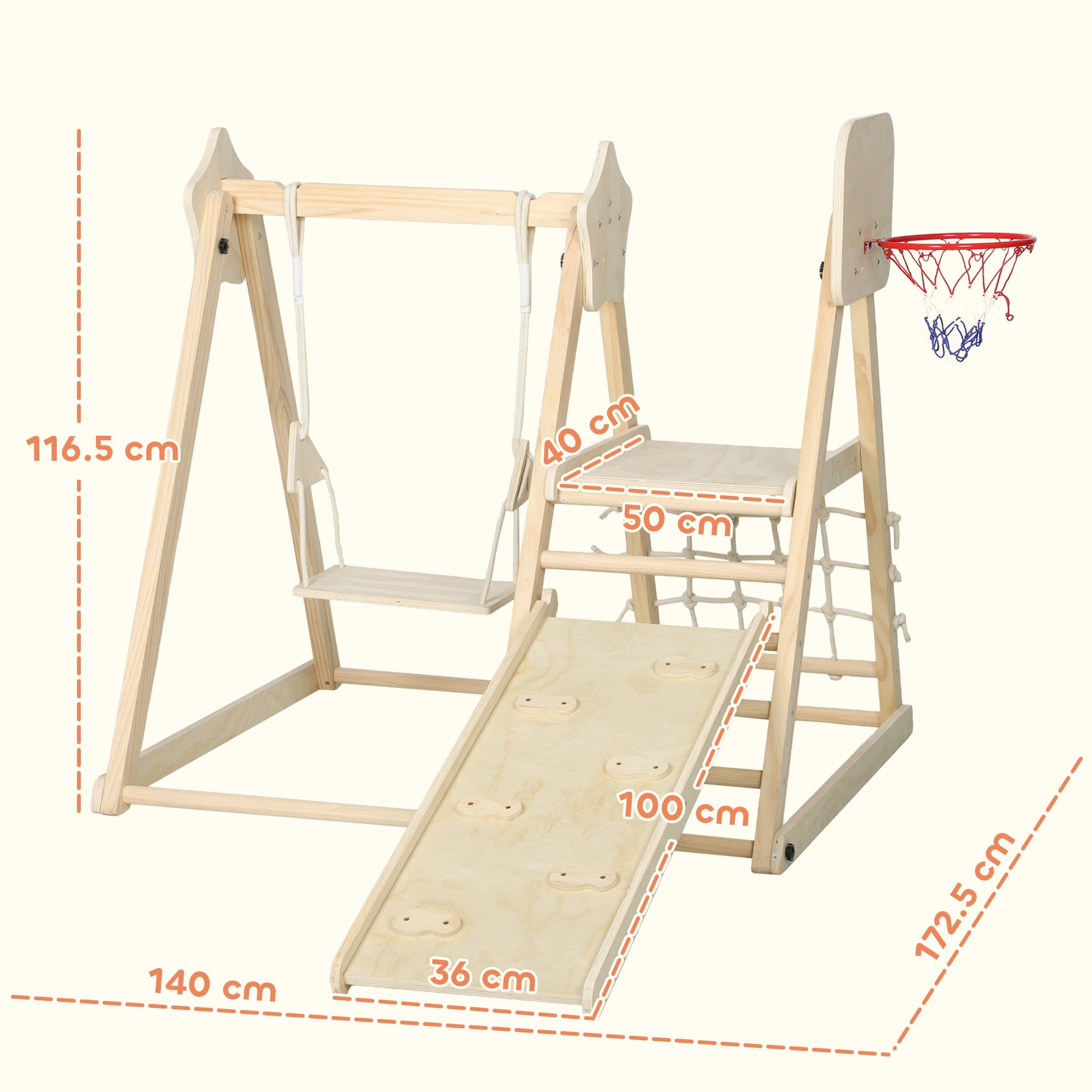 Gioco Arrampicata 5 in 1 Pieghevole 140x172,5x116,5 cm con Scivolo 2 Pareti Altalena e Canestro in Legno
