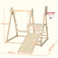 Gioco Arrampicata 5 in 1 Pieghevole 140x172,5x116,5 cm con Scivolo 2 Pareti Altalena e Canestro in Legno