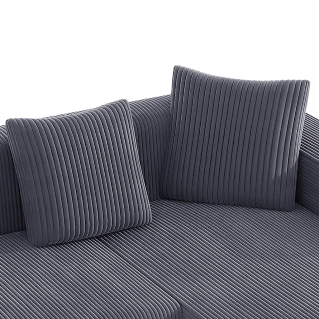 Divano modulare ad angolo con chaise longue, seduta profonda e 4 cuscini, in velluto a coste, Grigio