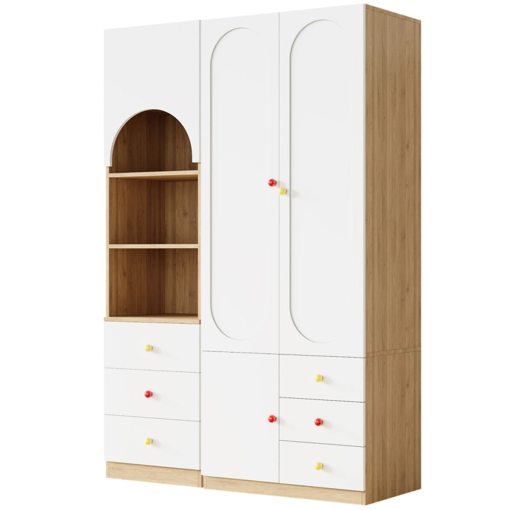Set armadio e scaffale con ante e cassetti in MDF bianco e naturale