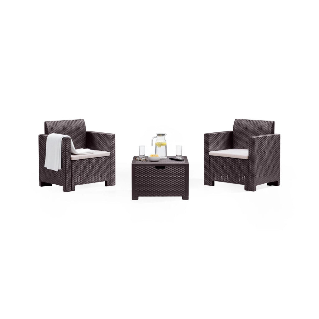 Salottino da esterno Apis, Set da giardino con cuscini, Salottino  effetto rattan, 100% Made in Italy, Marrone