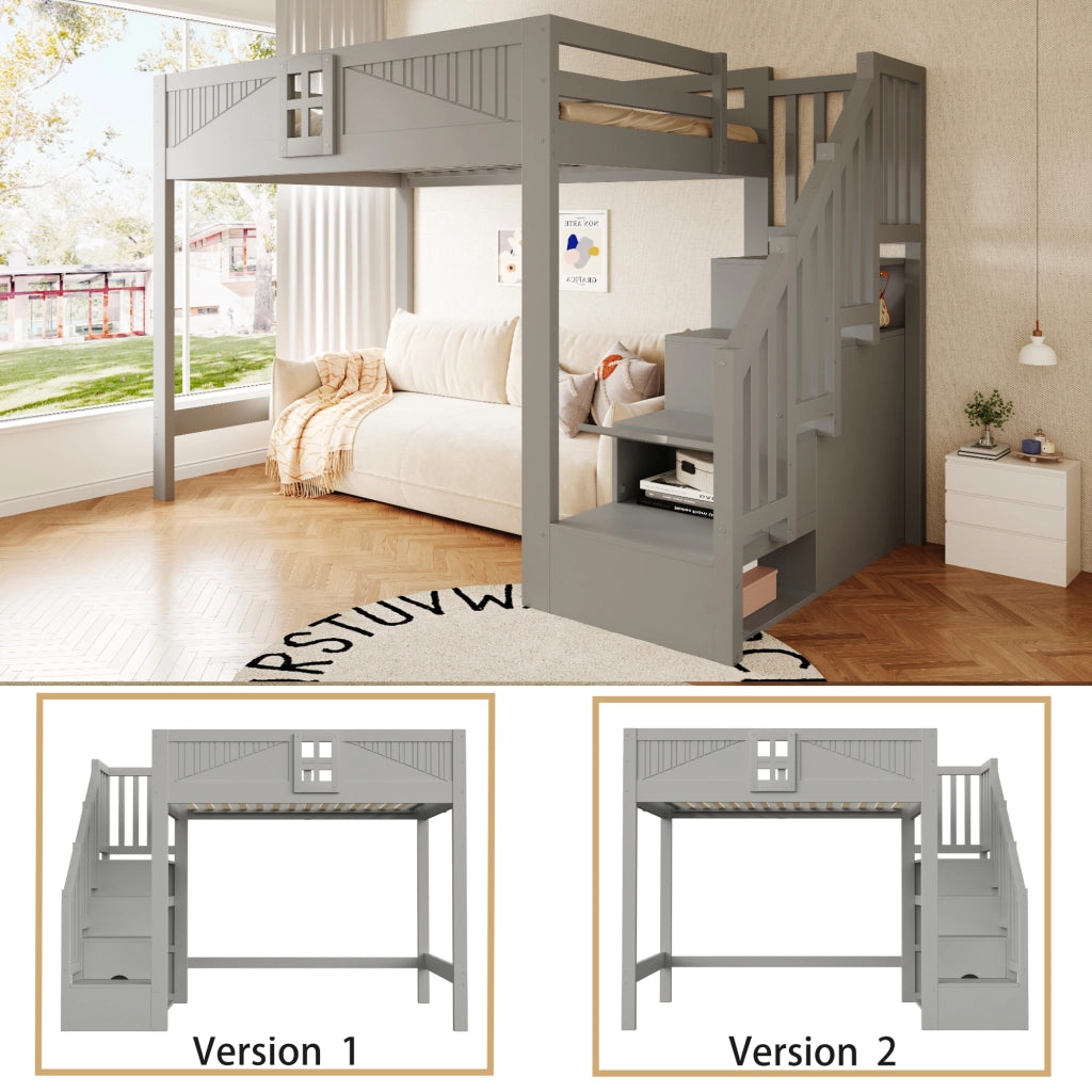 Letto a soppalco 140x200 cm con parapetto a finestra e scala contenitore reversibile; legno massello grigio