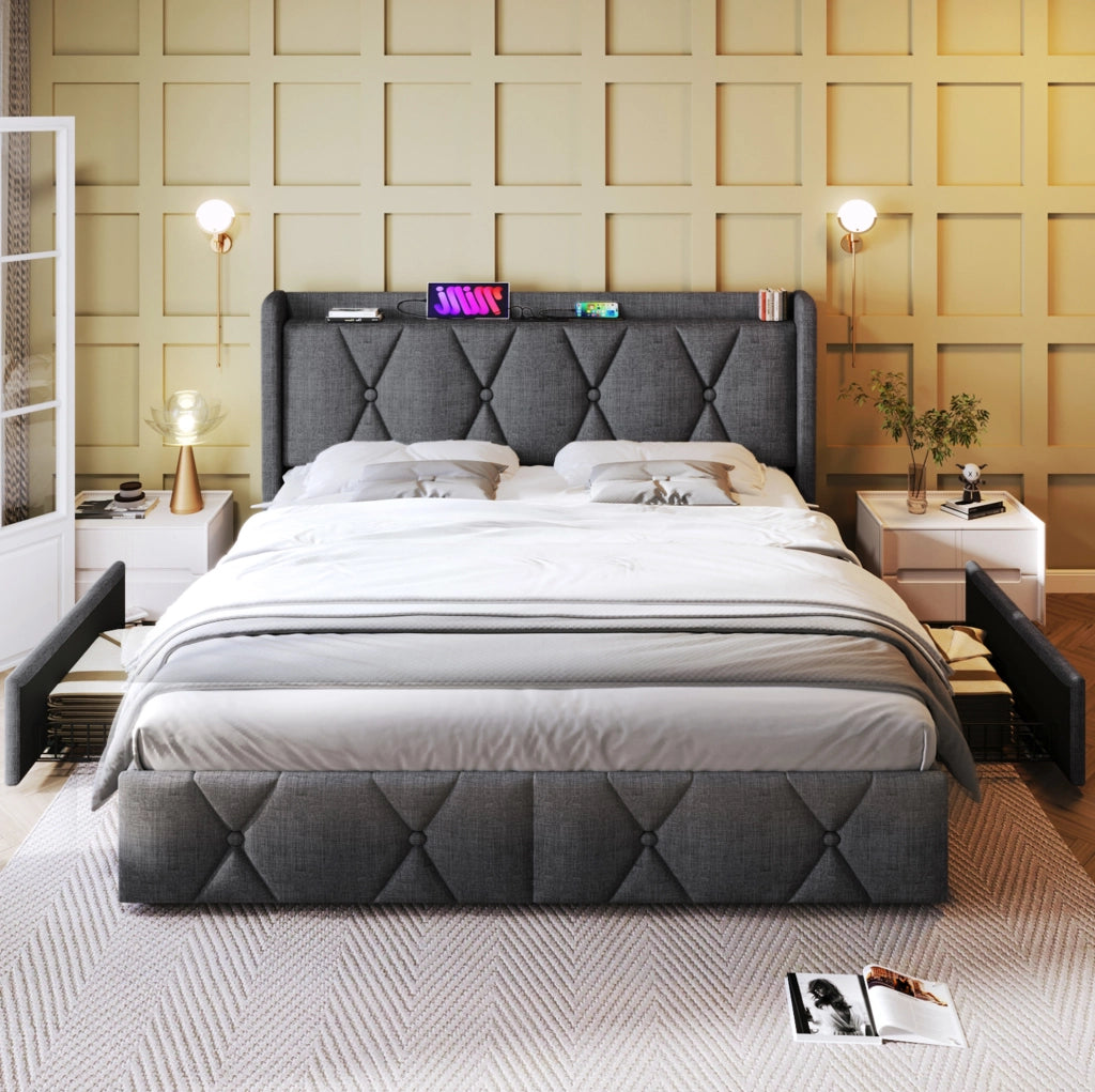 Letto matrimoniale 140x200 cm con 4 cassetti; USB e prese; in lino grigio