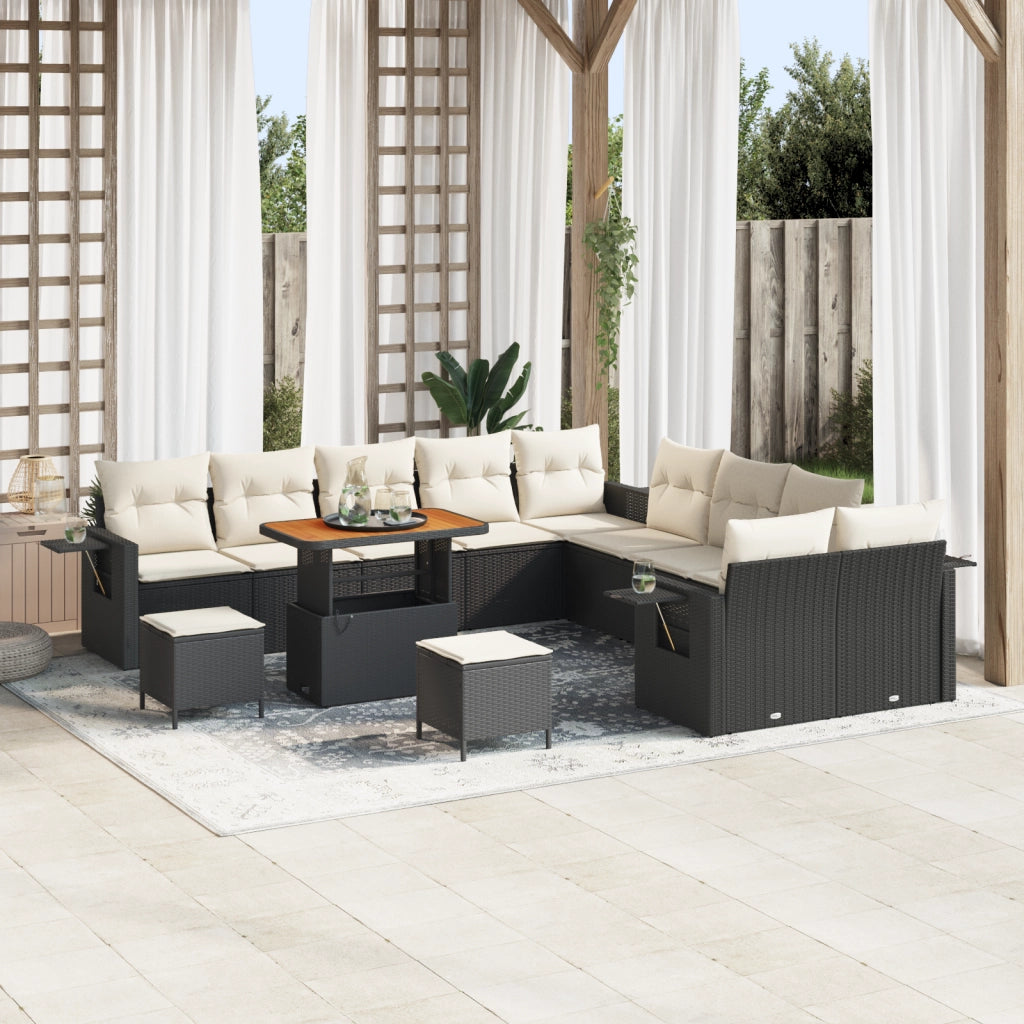 Set divani giardino 13 pezzi con cuscini Nero Polyrattan Acacia