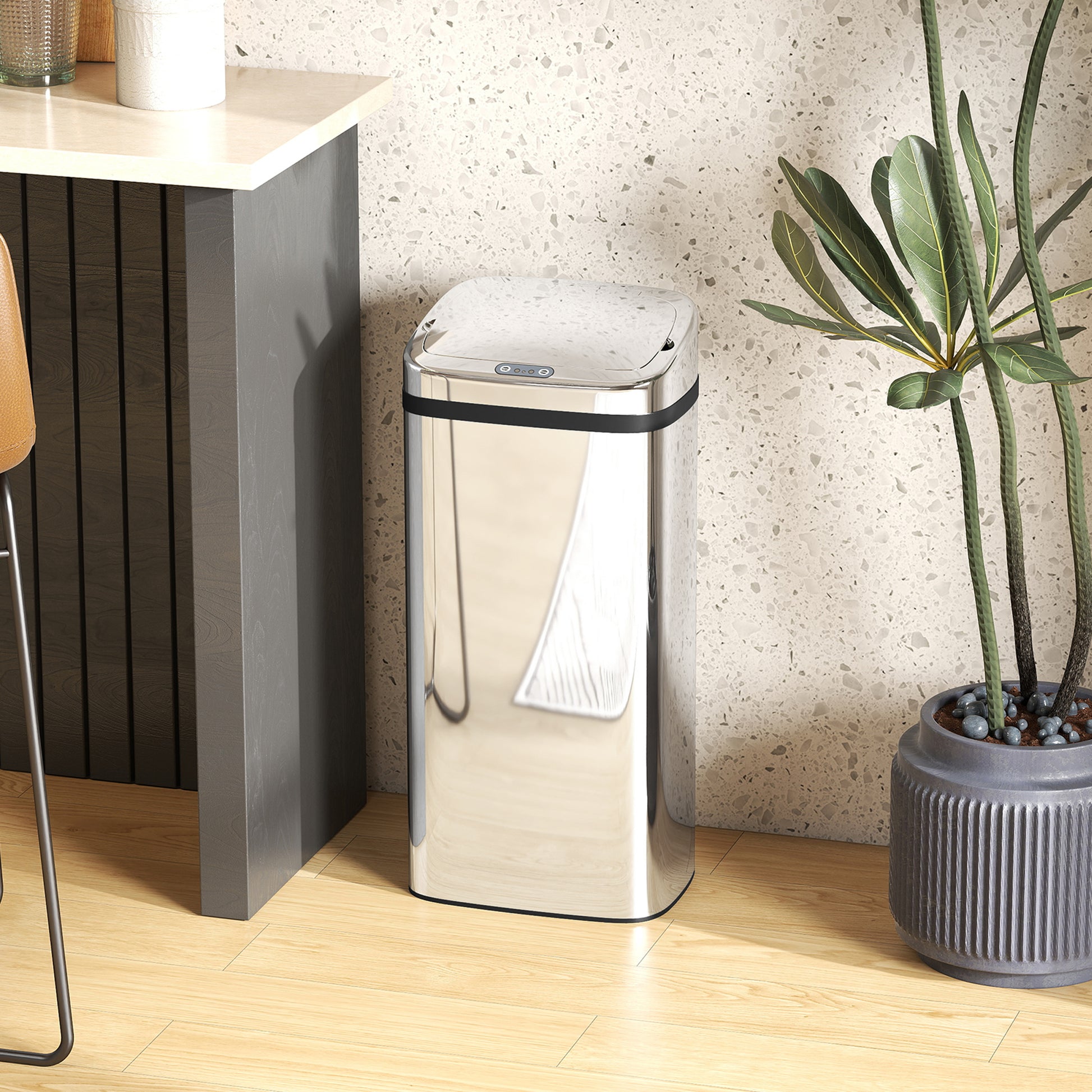 Bidone per Rifiuti da 40L con Sensore per Apertura e Chiusura Automatica 33x25x70 cm in ABS e Acciaio Inox Argento