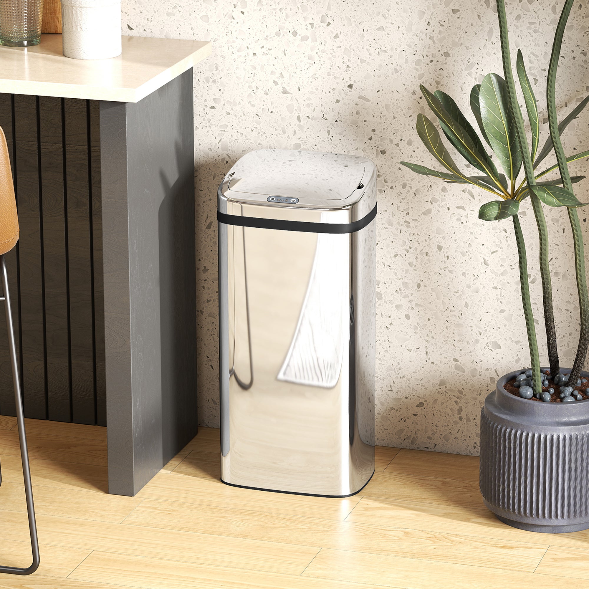 Bidone per Rifiuti da 40L con Sensore per Apertura e Chiusura Automatica 33x25x70 cm in ABS e Acciaio Inox Argento