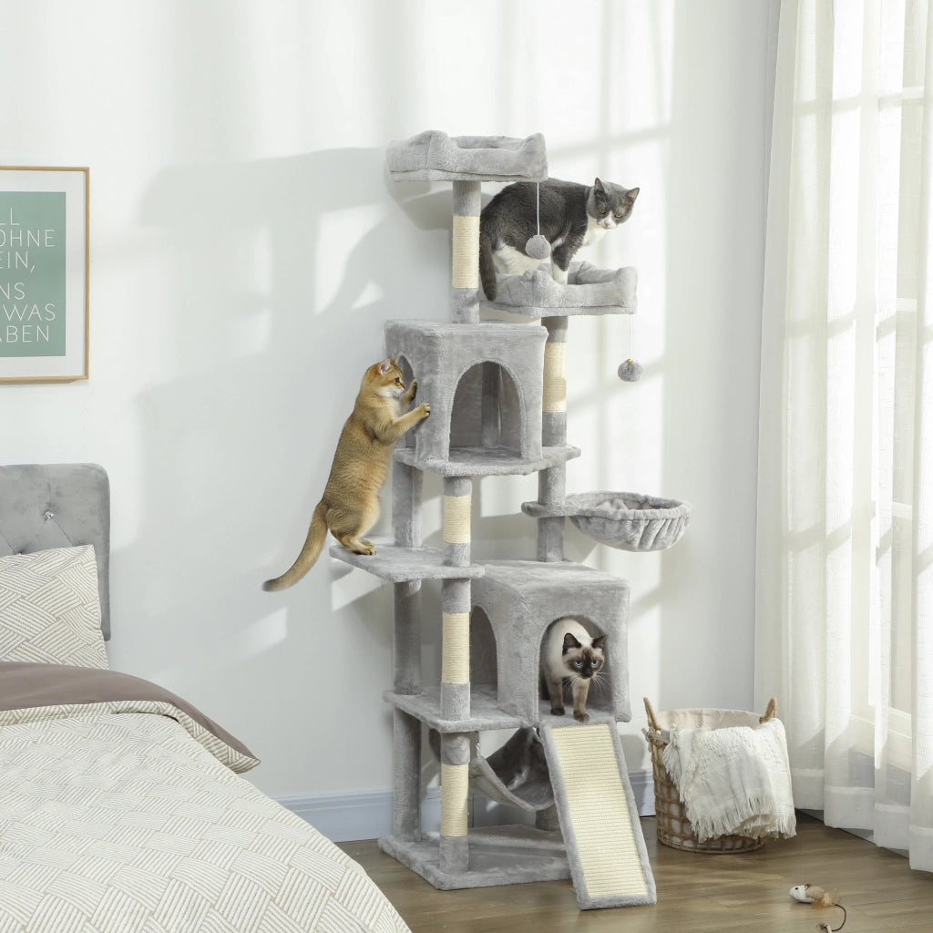 Albero Tiragraffi per Gatti con Casette e Lettini ¨C zephmum ¨C Grigio Chiaro e Beige 48x40x177 cm