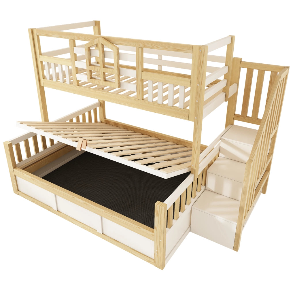 Letto a castello per bambini, 90/140 x 200 cm, con sponde di protezione e spazio contenitivo, bianco e color legno