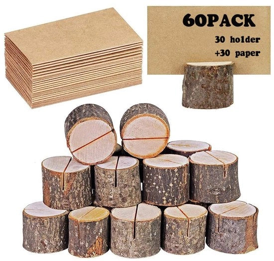 Sostegno per foto da tavolo in legno rustico con corteccia Sostegno per foto numero Standard per foto Sostegno per foto con nome per evento di matrimonio (30 sostegni + 30 cartoncini)