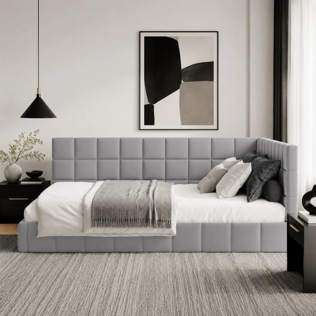 Letto da giorno imbottito 140x200 cm in tessuto con rete a doghe, design Mid-Century, grigio