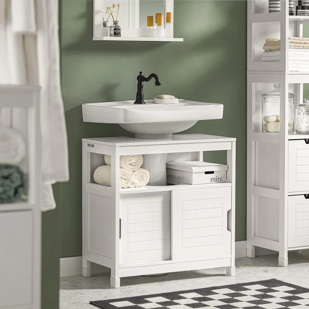 Mobiletto Bagno Salvaspazio - Armadio Salvaspazio 2 Ante Scorrevoli e Ripiano Aperto - Mobile Sottolavabo per Bagno Moderno Piccolo – Bianco, 60x30x60cm, FRG128-II-W