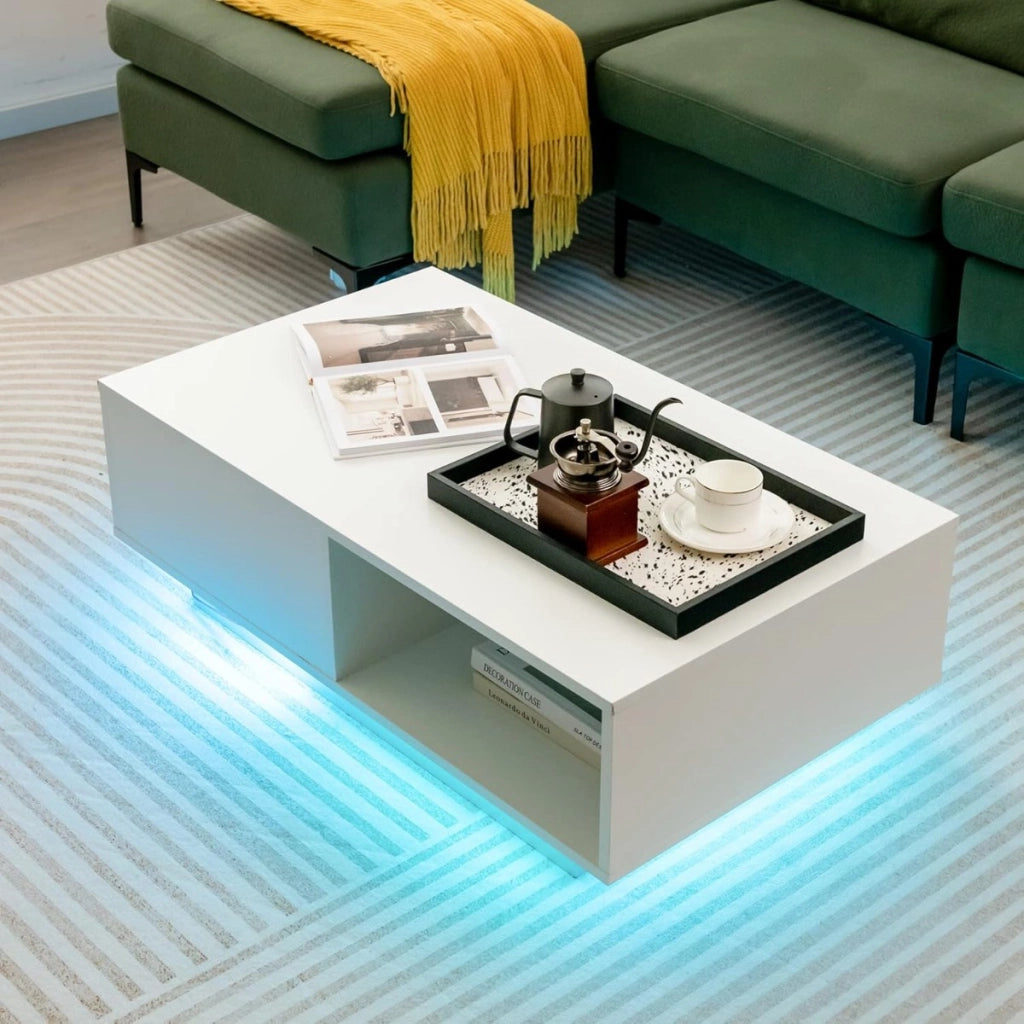 Tavolino centrale moderno ad alta lucentezza con scomparto aperto e cassetto, Tavolino basso con luci e telecomando Bianco-Tavolini da salotto