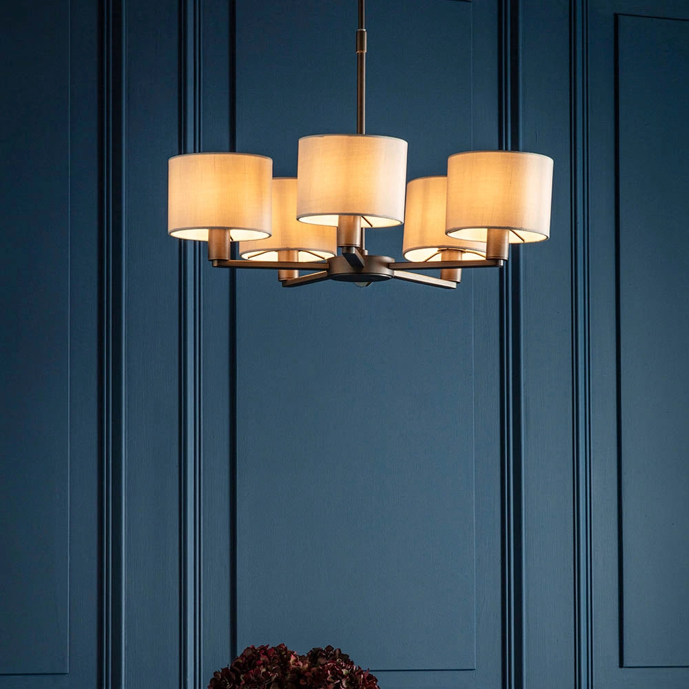 Lampadario 5 luci bronzo antico paralumi lino E14 Daley
