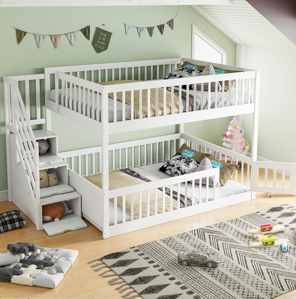 Letto a castello per bambini 140x200 cm con scala a cassetti e sponde; bianco
