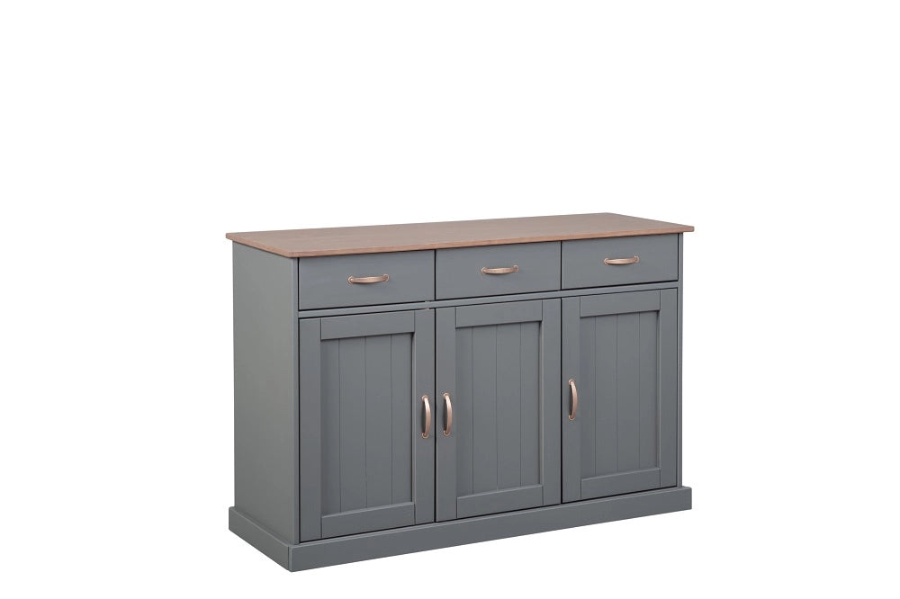 MOBILE SOGGIORNO CREDENZA BUFFET LUZERNA 3 ANTE + 3 CASSETTI 131x45x86H PINO MASSELLO VERNICIATO A ACQUA GRIGIO E MARRONE SEPPIA