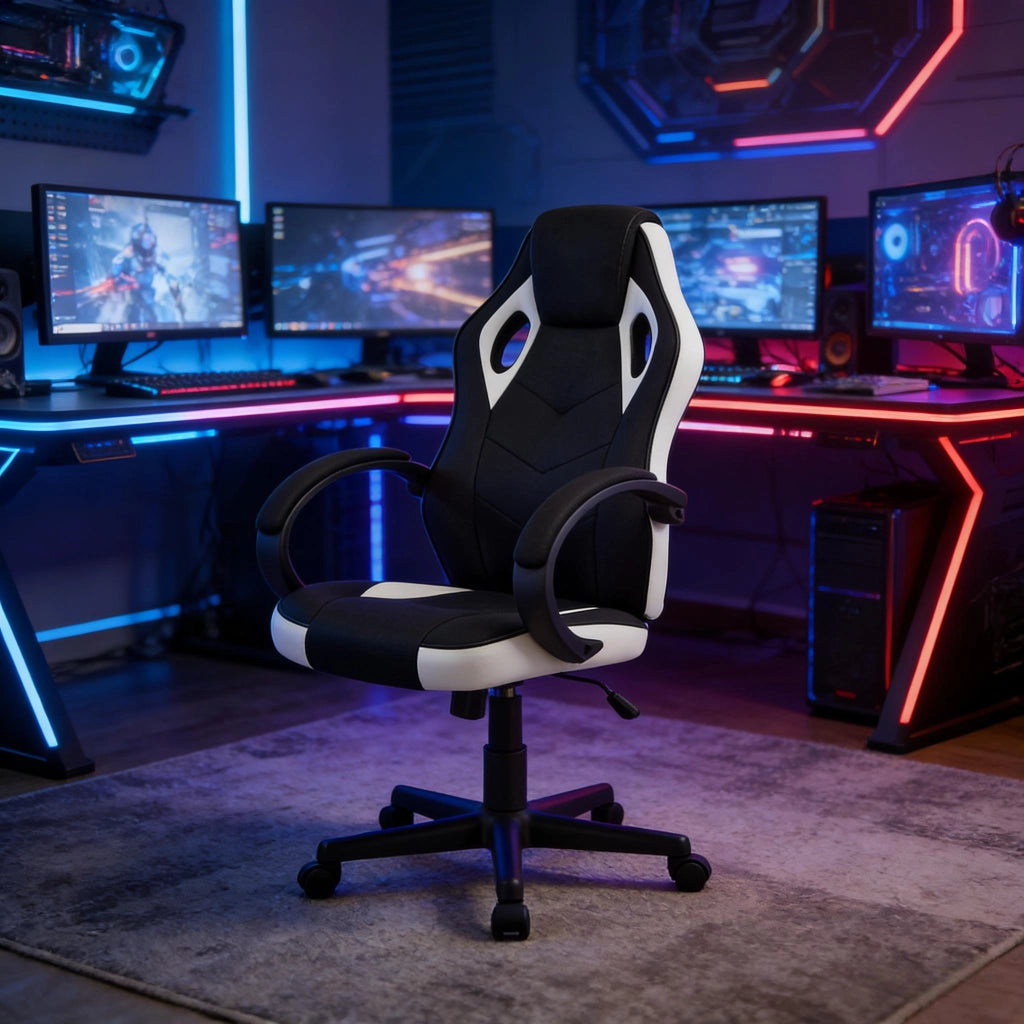 Sedia da ufficio gaming con braccioli, schienale alto e altezza regolabile, in rete e PU, Nero Bianco