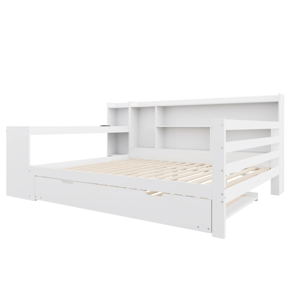 Sofa letto 140x200 cm con letto estraibile; ripiani e presa in legno bianco