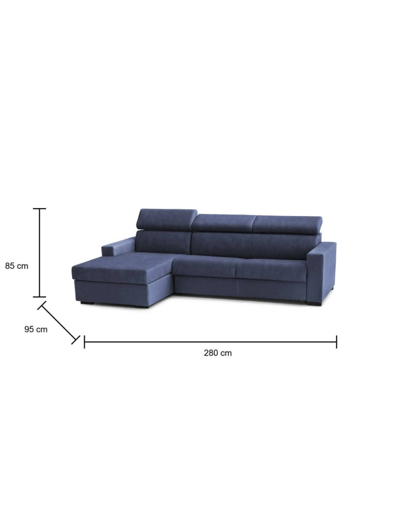 Alibabah, Divano Letto con Penisola Sfoderabile Made in Italy, 280x95 cm blu