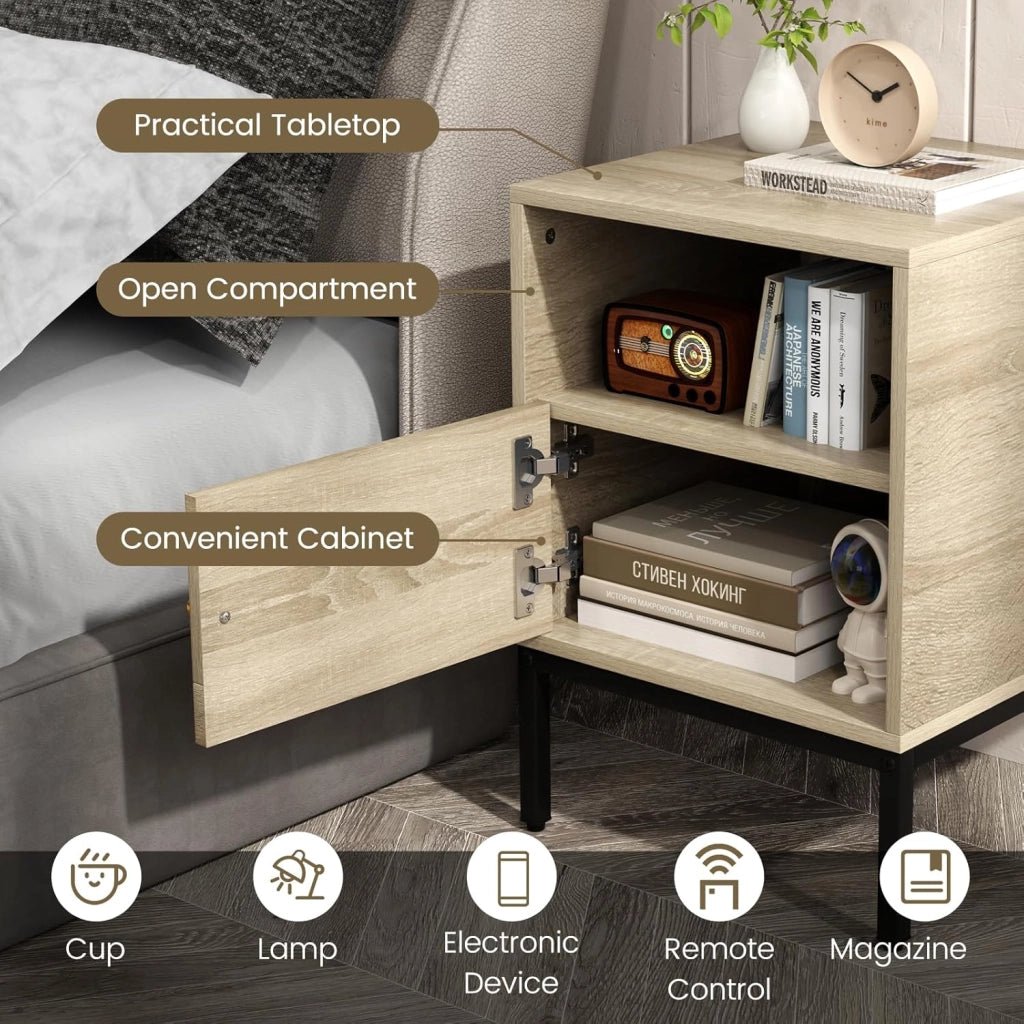 Comodino in Rattan, Tavolino Boho con Armadietto e Mensola, Tavolo Accento per Letto con Gambe in Metallo, Tavolo Compatto in Stile Fattoria per Camera da Letto, Soggiorno, Naturale (2)