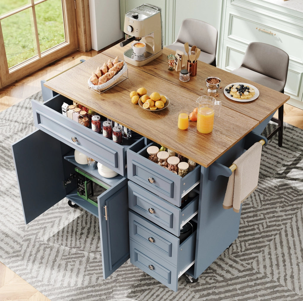 Isola da cucina 110x75x92 cm pieghevole con cassetti in MDF azzurro baby