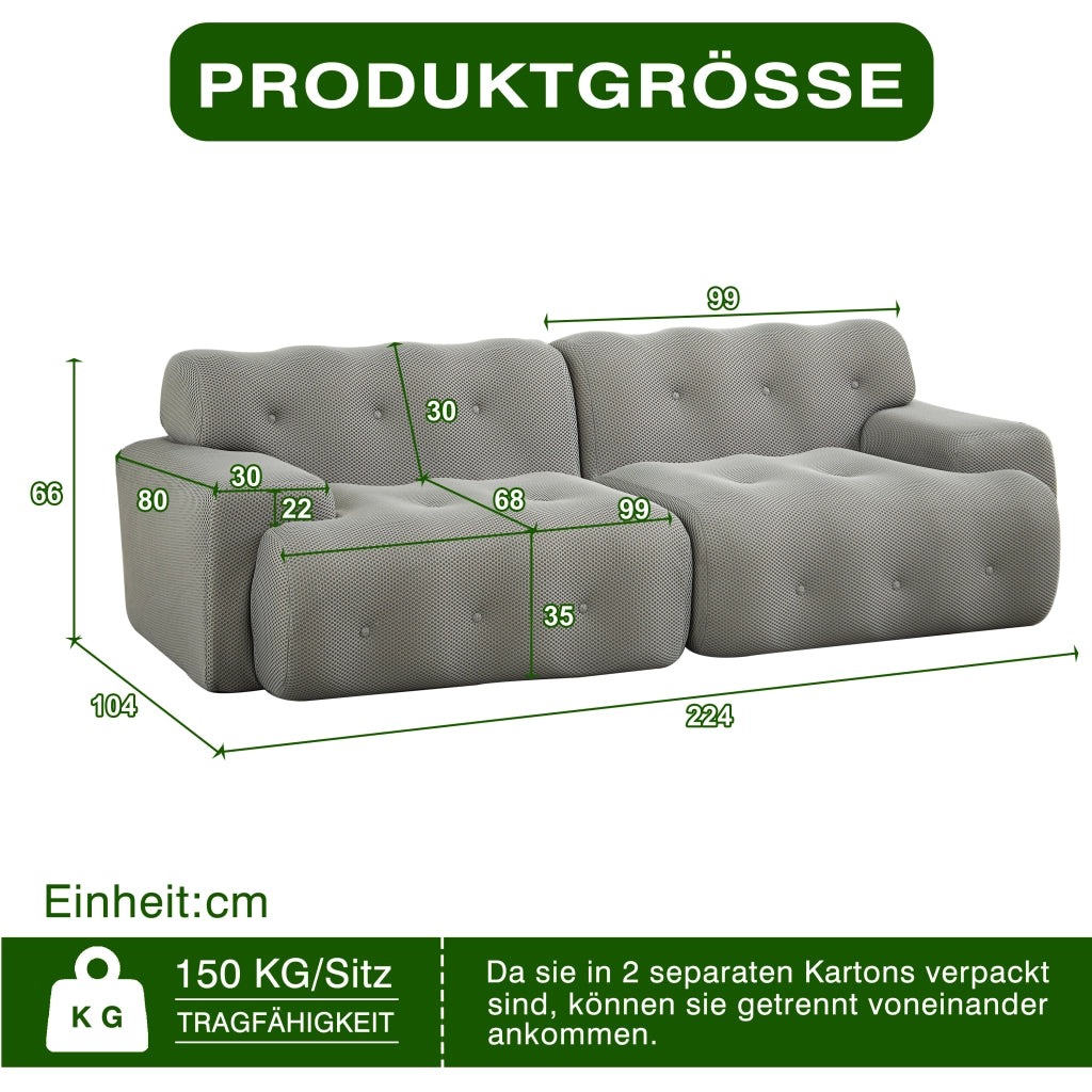 Divano a 2 posti con braccioli ampi, cuciture trapuntate, design moderno in tessuto grigio 224 × 104 × 66 cm