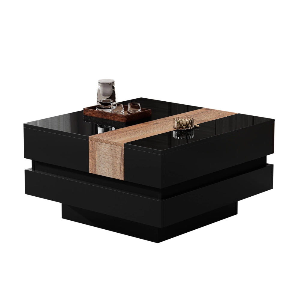 Tavolino da caffè 70x70x39 cm con piano estraibile e contenitore nascosto in MDF nero