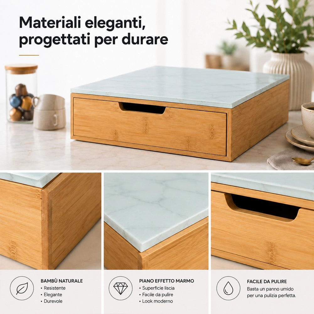 Portacapsule Piano Vetro Effetto Marmo Sky White Portacialde Organizer 31.5x10cm
