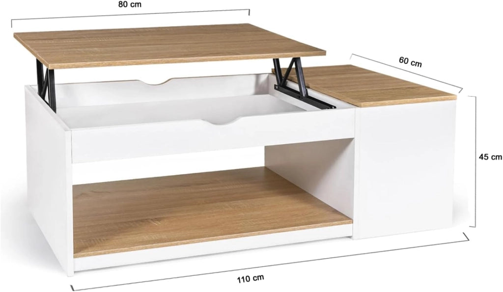 Tavolino ELEA sollevabile con scatola in legno bianco e faggio