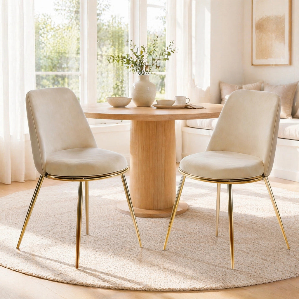 Sedia da pranzo imbottita in velluto color crema bianco con gambe in metallo dorato