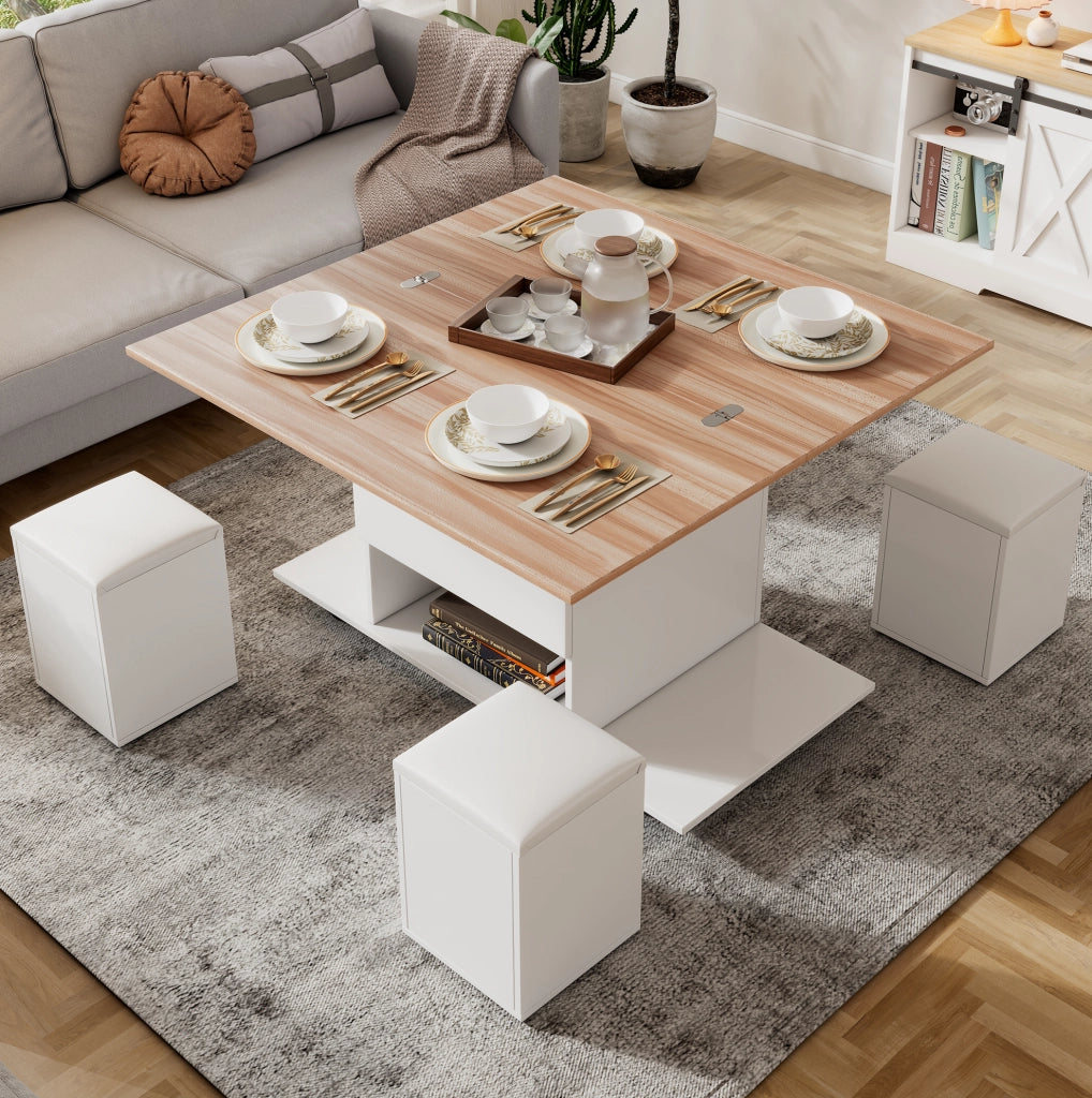 Tavolino da caffè 100x100x63.5 cm regolabile in altezza con contenitore; pannello di particelle bianco e naturale