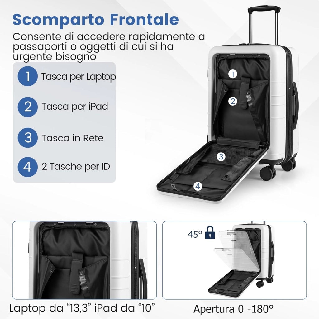 Valigia Bagaglio a Mano 20" con Tasca Frontale, Porta USB, Trolley Bagaglio a Mano con Serratura, Ruote Girevoli, Manico Regolabile (Senza Beauty + Bianco)