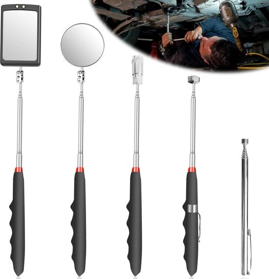 Set di specchi di ispezione retrattili - specchio telescopico con lampada LED e attrezzo magnetico - specchio quadrato e rotondo con manico telescopico - 360 gradi.