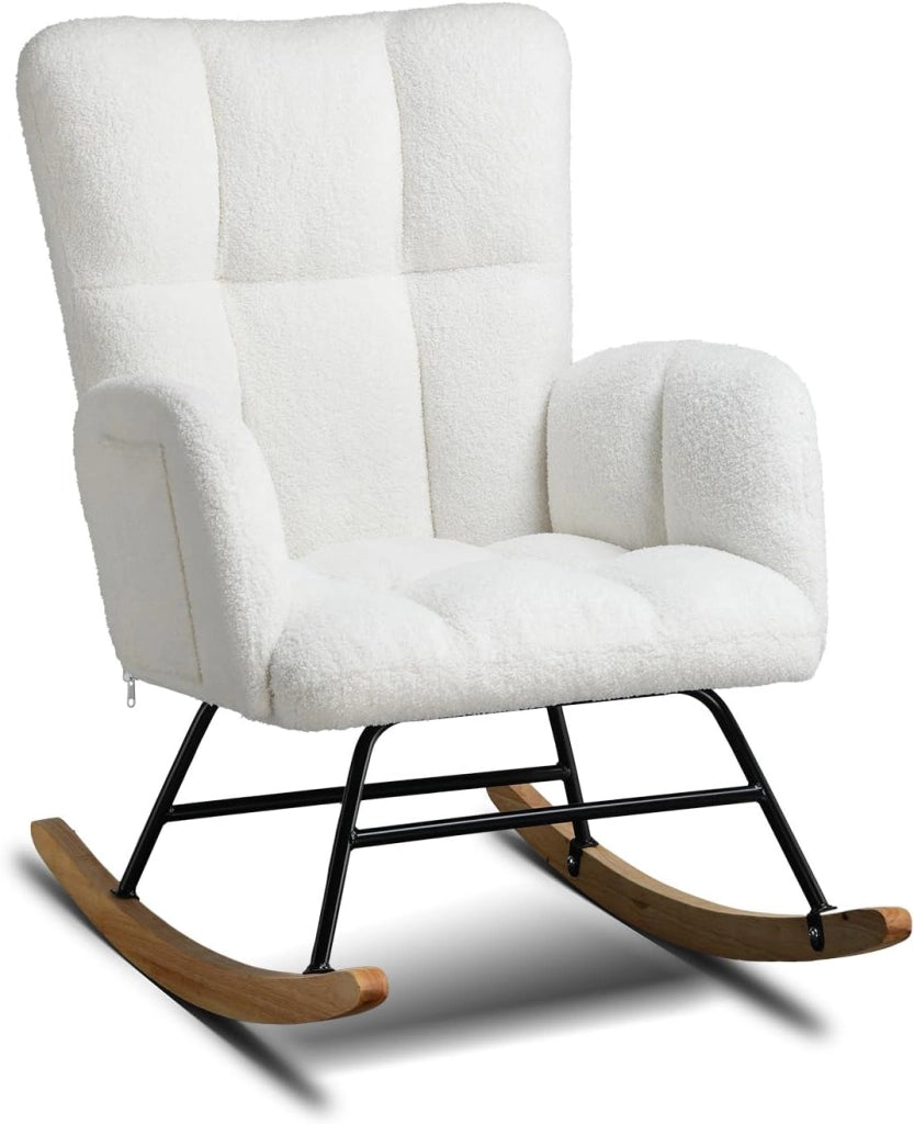Sedia a dondolo con sgabello, poltrona relax con braccioli, poltrona a dondolo in peluche Teddy, portata fino a 150 kg, lettino da giardino per camera da letto, Con pedale, beige