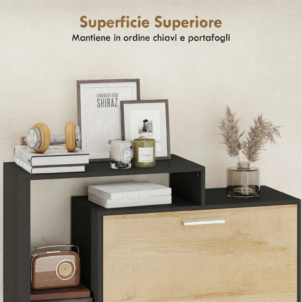 Mobile Portascarpe con 2 Cassetti a Ribalta e Ripiani ¨C Zephmum ¨C Nero e Legno Naturale
