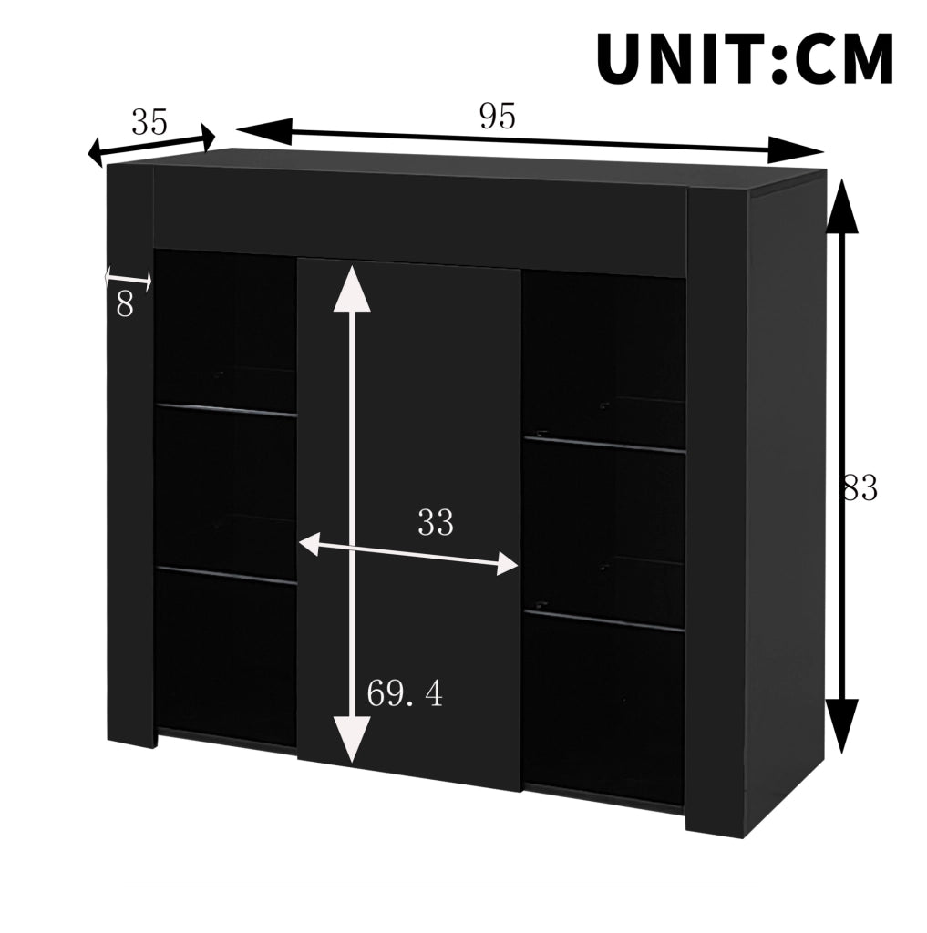 Buffet 95x35x83 cm con ripiani in vetro e anta; frontale lucido in pannello truciolare nero