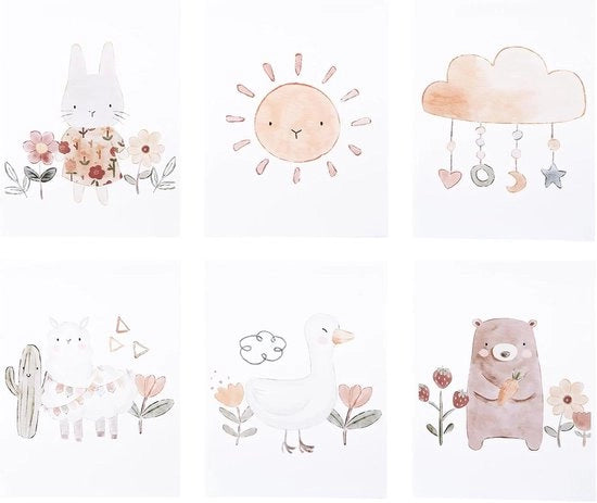 Set di 6 Poster di Arte Vetrata con Animali Cartoon per Camera da Bambino - Decorazione con Cervo, Coniglio, Agnello, Anatra - Estetica Cattivante per la Camera - Arte per la Parete.