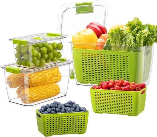 Contenitori per frutta e verdura con coperchio - Contenitori per frutta e verdura 3 set 4L+1.7L+0.5L BPA libero - Contenitori per alimenti con coperchio separabile - Organizzatore per frigorifero per la conservazione delle insalate - verde