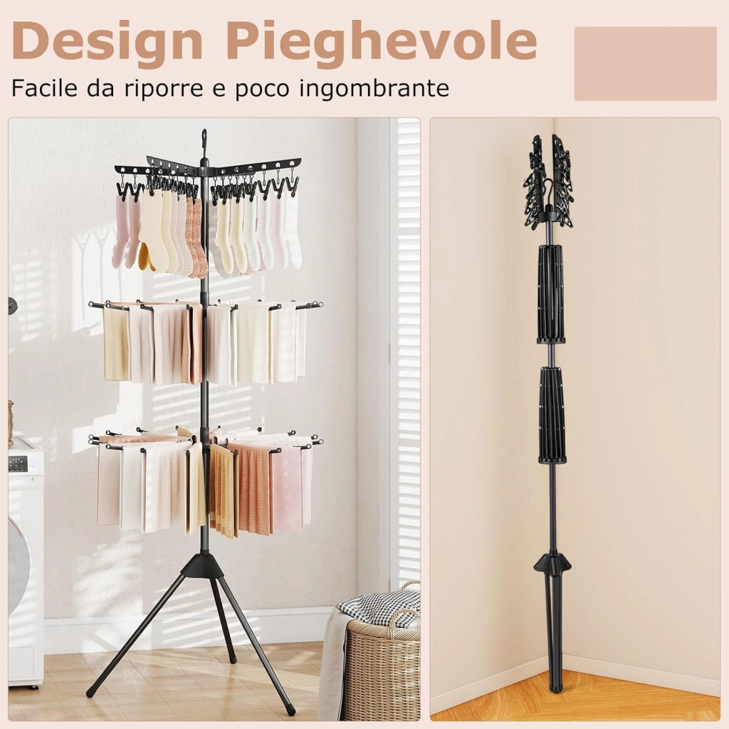 Stendibiancheria da Pavimento a 3 Livelli, Auoto Tripode Stendibianchiera Alto 178 cm con con 24 Ganci & 32 Aste, Portaasciugamani Pieghevole con Bracci Rotabili per Lavanderia e Balcone
